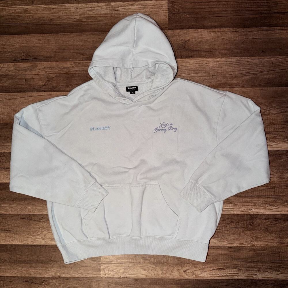 Playboy By PacSun Hoodie Mens Small White Love’s A Bunny Thing Embroidered